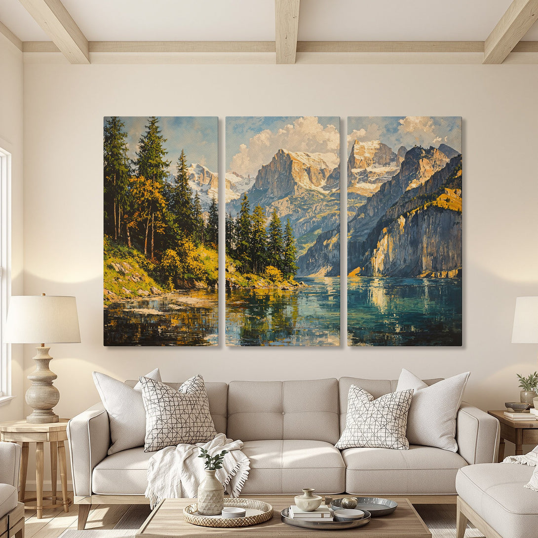 Canvas Print triptych of a mountain lake landscape in a warm, inviting living room. Features vibrant blues, greens, and golds. Perfect wall art for your home.