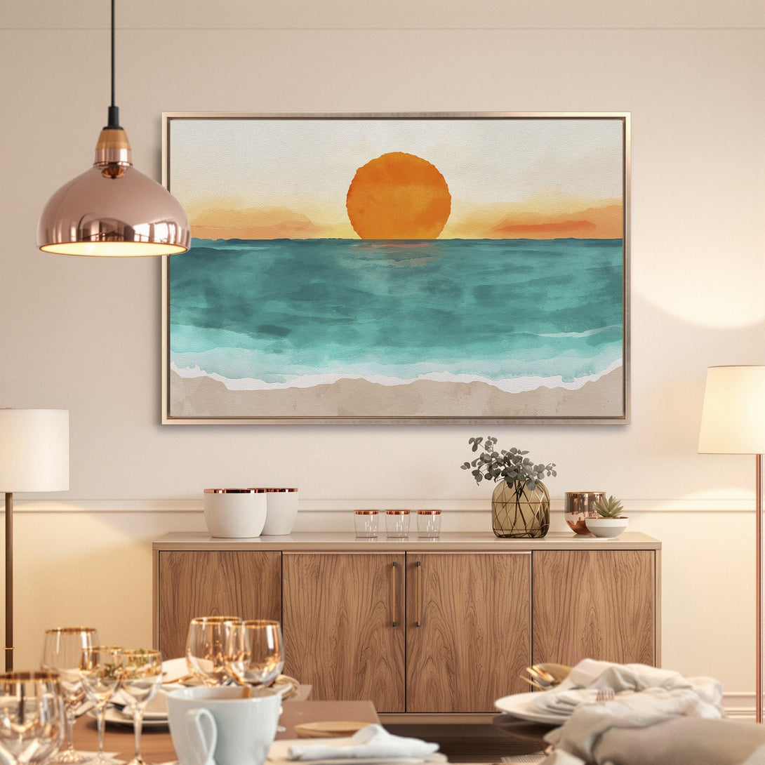 Framed Wall Art: Watercolor sunset over the ocean in a coastal style. Warm orange, teal, and beige color palette. Perfect for home decor.