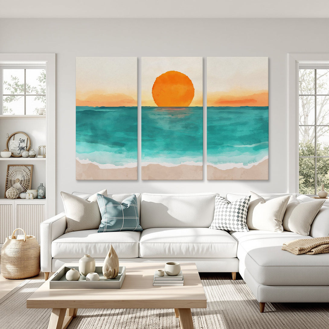 Canvas Print of a sunset over the ocean. Watercolor style art with teal, orange, and beige color palette. Perfect coastal wall decor.
