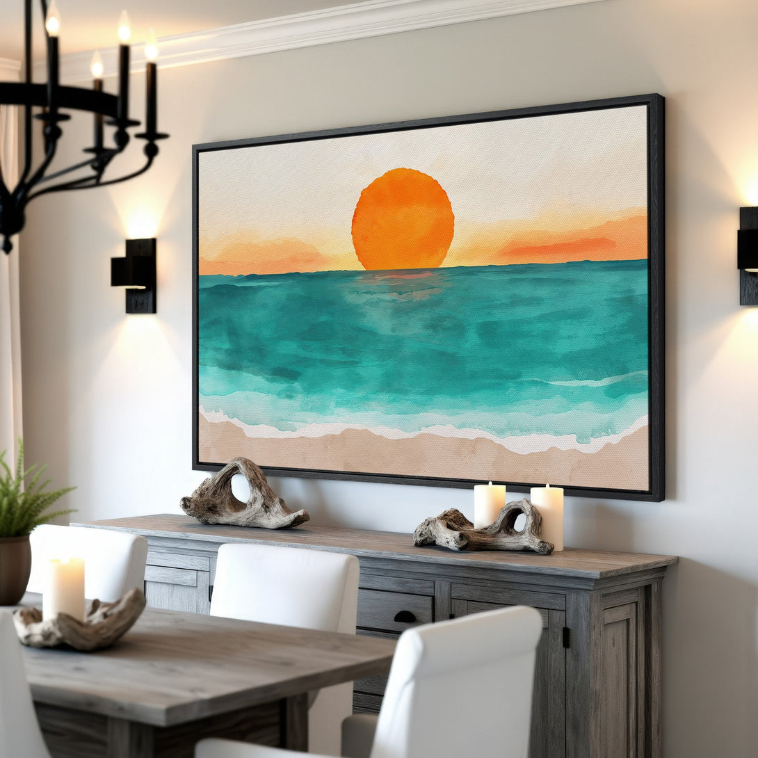 Framed Wall Art: Watercolor sunset over ocean. Coastal decor with teal, orange, and beige palette. Perfect for a relaxing dining room or living space.