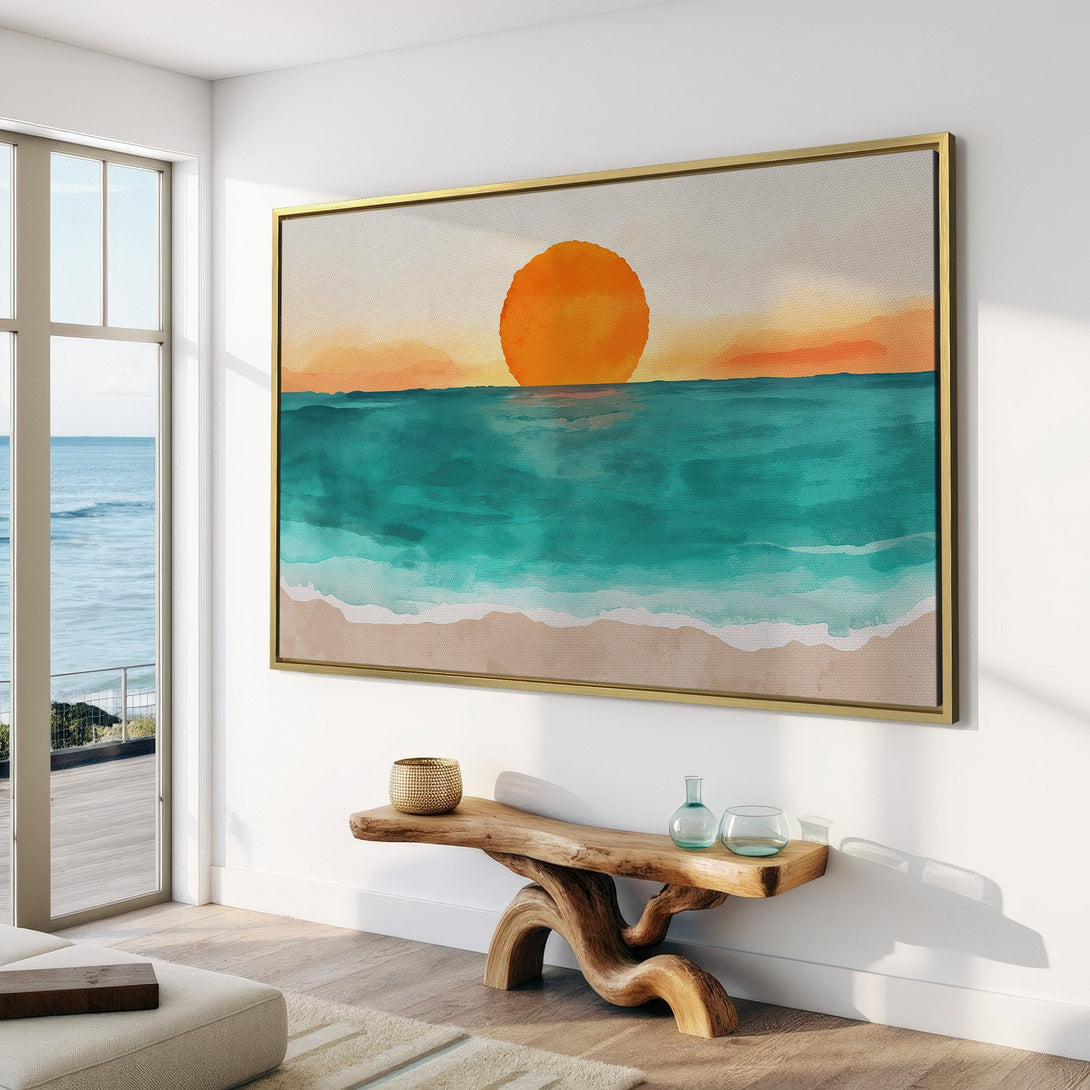 Canvas Print of a sunset over the ocean, displayed in a modern interior. Features a watercolor style with a warm orange, teal, and beige color palette.