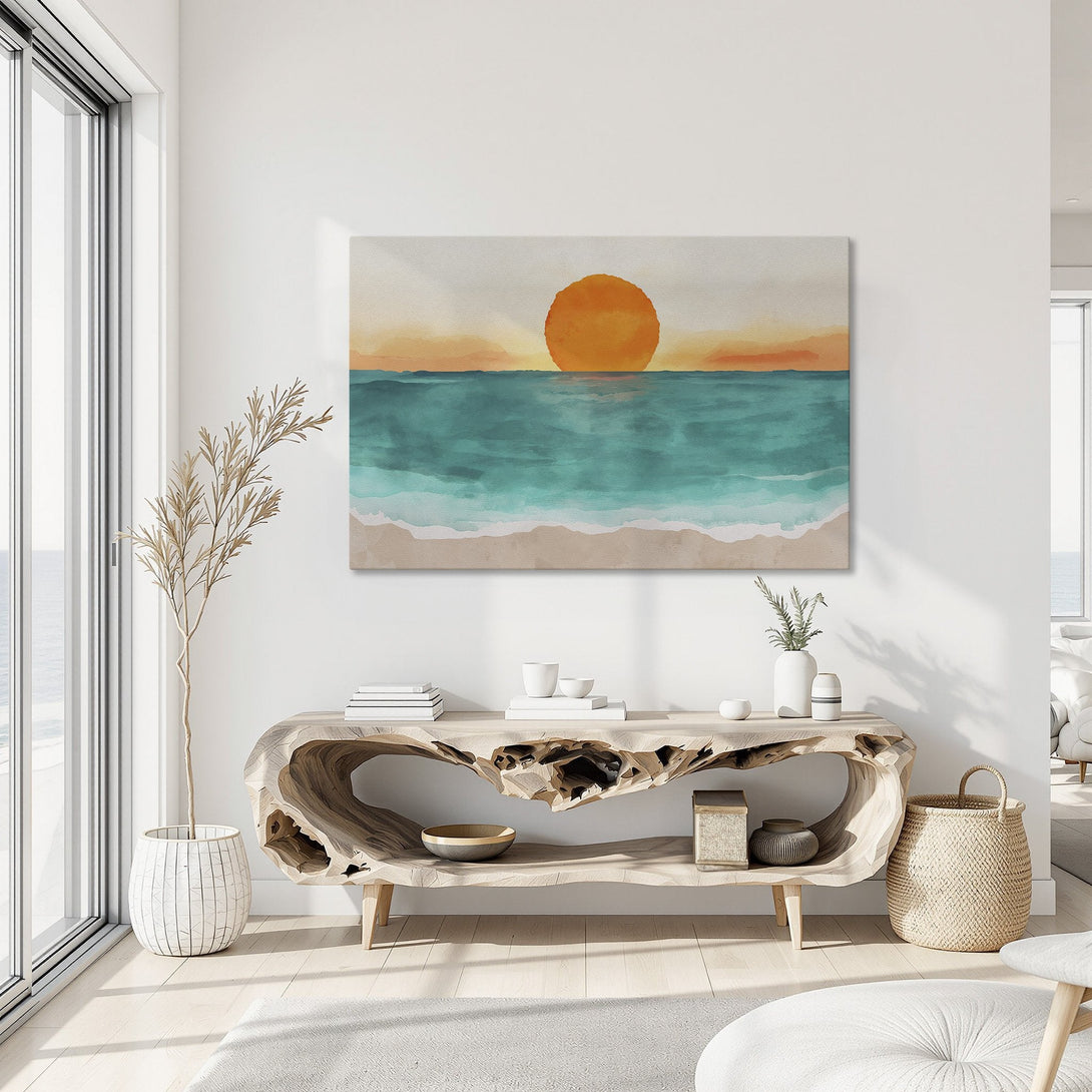 Framed Wall Art: Watercolor sunset over the ocean. Coastal style art with warm orange, teal, and beige hues. Perfect for a relaxing living room.