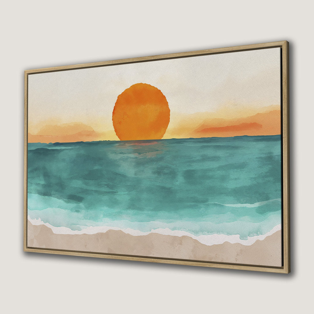 Canvas Print of a watercolor sunset over the ocean. Coastal wall art in teal, orange, and beige tones, perfect for any space.