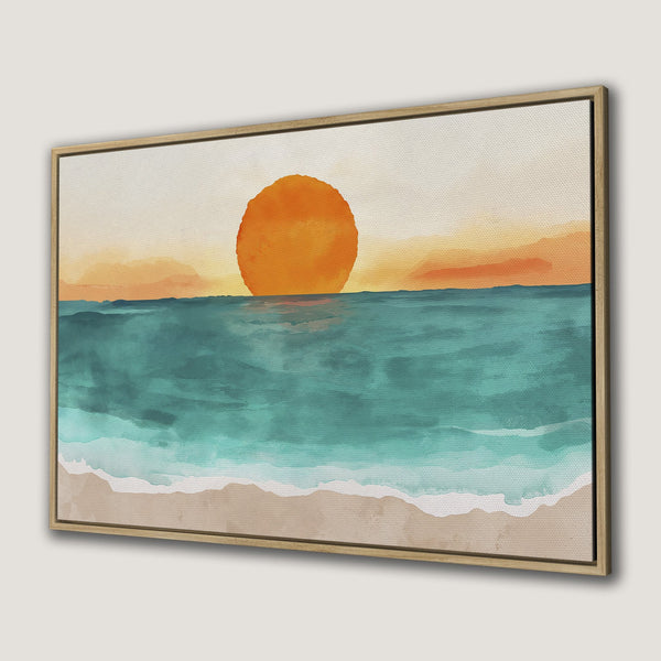 Canvas Print of a watercolor sunset over the ocean. Coastal wall art in teal, orange, and beige tones, perfect for any space.