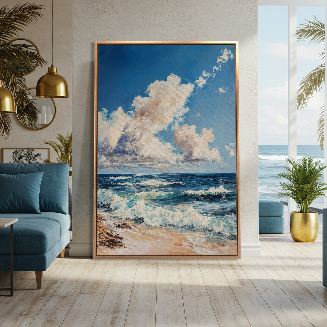 Framed Wall Art: Coastal landscape painting with blue, white, and beige hues. Impressionistic style canvas print adds serene beach vibes to any interior.