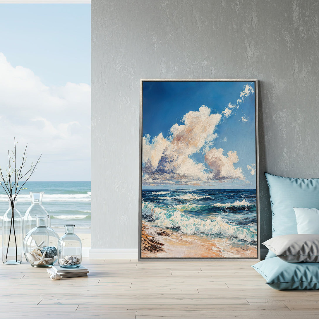 Framed Wall Art: Coastal seascape painting in blue, beige, and white. Bring the beach to your home with this calming canvas print. Perfect for any decor.