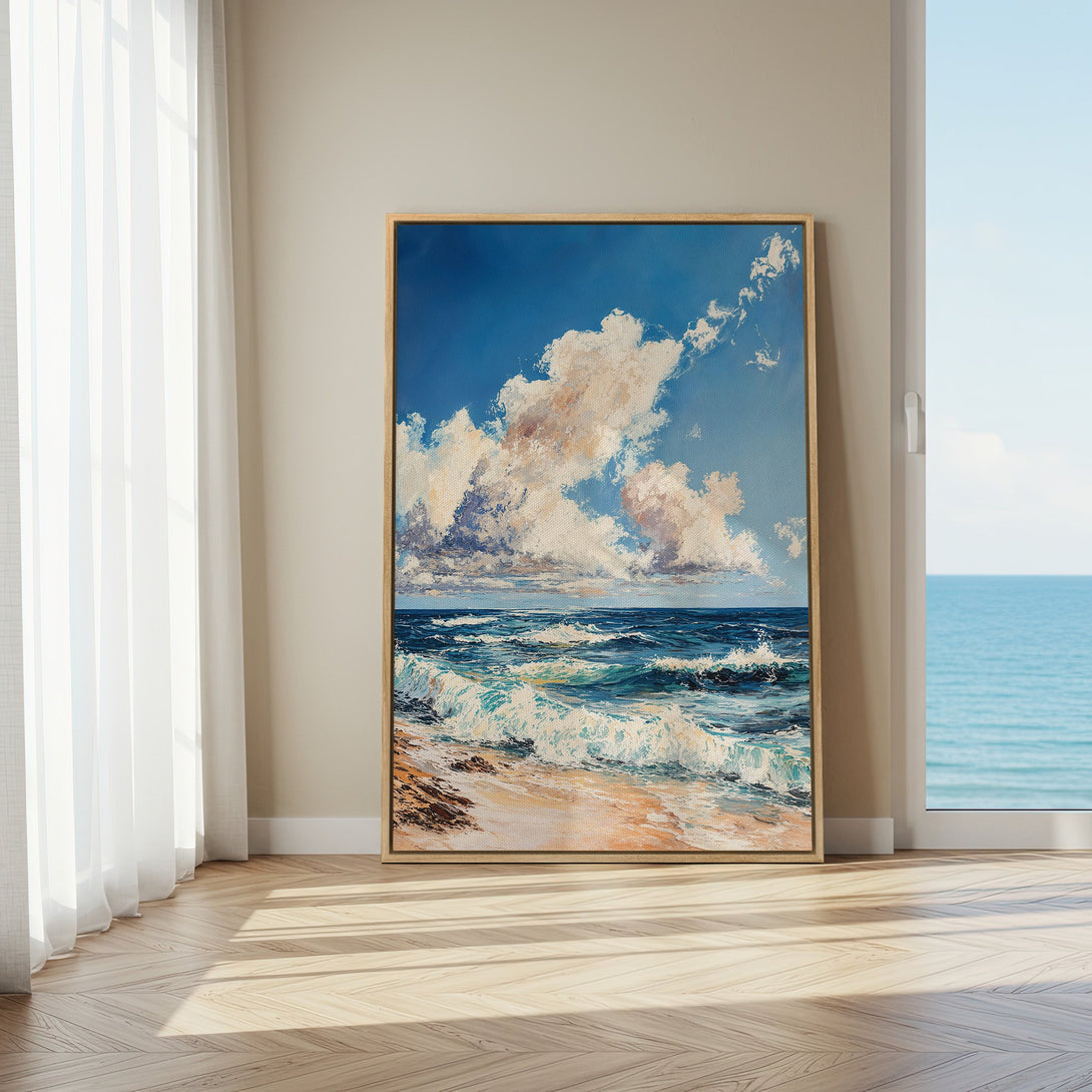 Framed Wall Art of a serene ocean scene with blue and white hues. Coastal artwork to bring a calming vibe to your home.