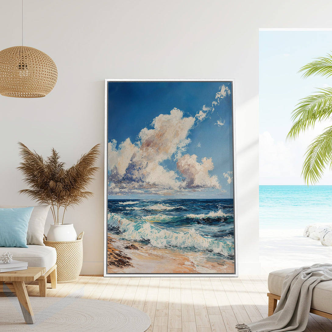 Framed Wall Art: Ocean waves painting in blue, white, and beige tones. Coastal artwork for a serene home. Add a touch of the beach to your decor!
