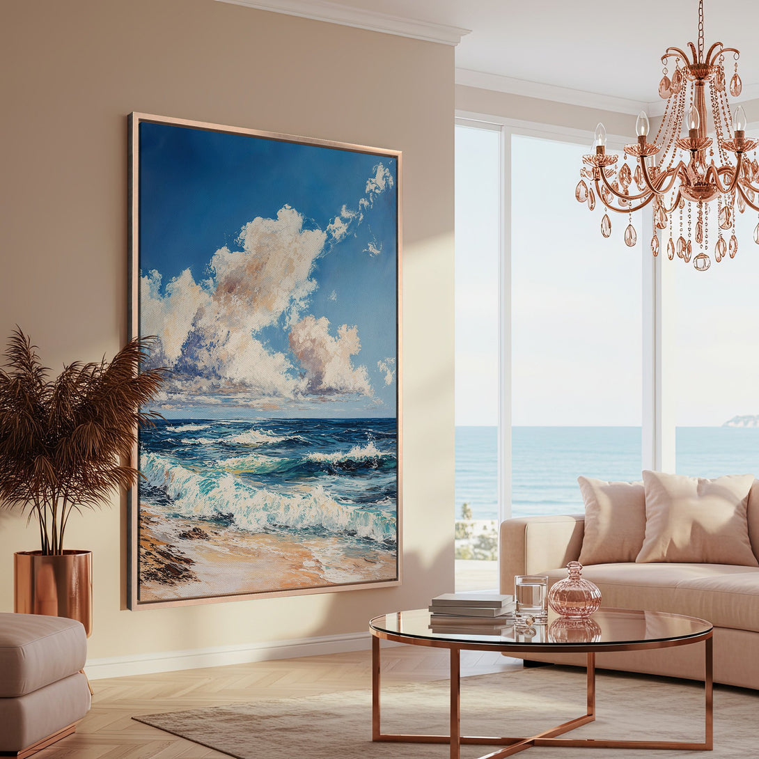 Framed Wall Art: Ocean waves canvas print in a coastal living room. Blue, white, and beige color palette. Bring the beach home!