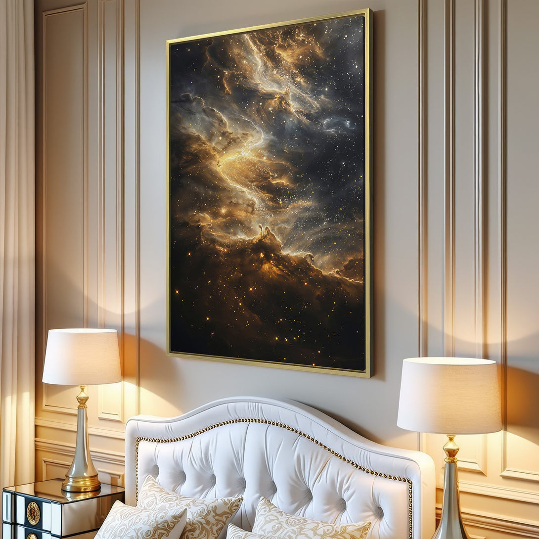 Canvas Print of a nebula in gold and dark tones. Modern wall art for a stylish interior.