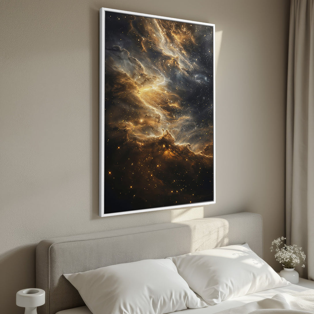 Framed Wall Art: Stunning nebula print in warm gold and dark tones. Perfect for bedroom decor. Elevate your space with this celestial masterpiece!