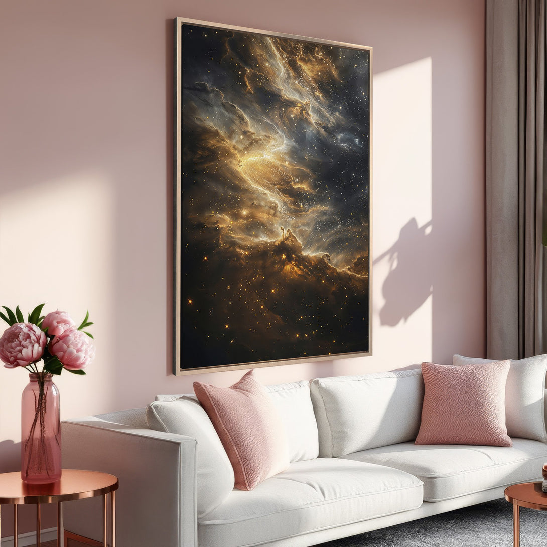 Framed Wall Art: Stunning galaxy print in gold and black hues. Modern art adds a touch of celestial beauty to any space. Shop now for wall decor!