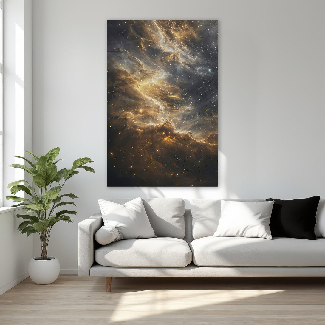 Framed Wall Art featuring a celestial nebula in gold and black tones. Perfect for adding a touch of luxury and cosmic wonder to your bedroom decor.