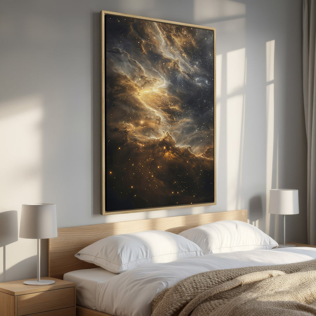 Framed Wall Art: Stunning nebula canvas print in gold and black. Add cosmic beauty to your bedroom decor! Shop now for celestial art.