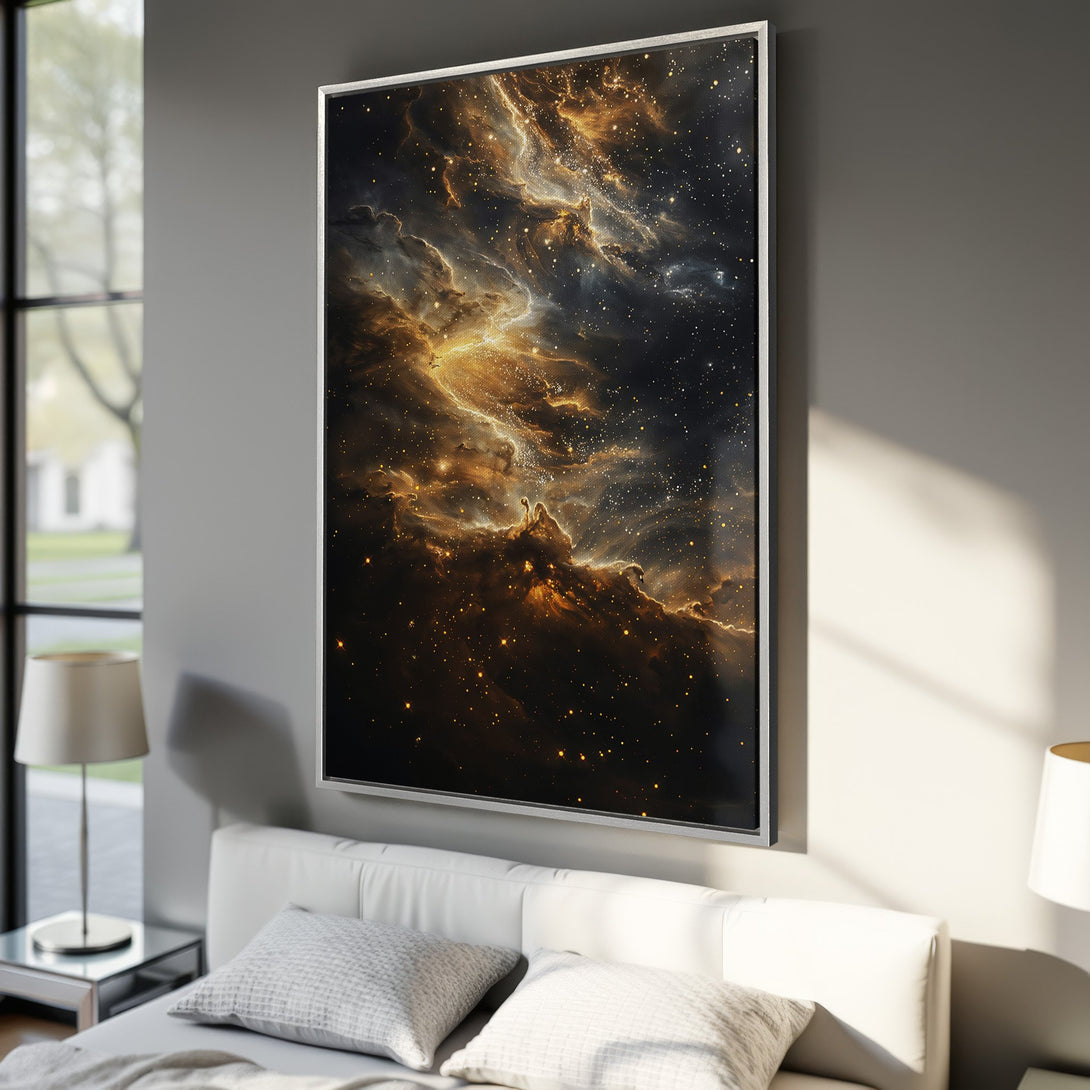 Framed Wall Art featuring a stunning nebula design in gold and black. Transform your space with this captivating cosmic Canvas Print!