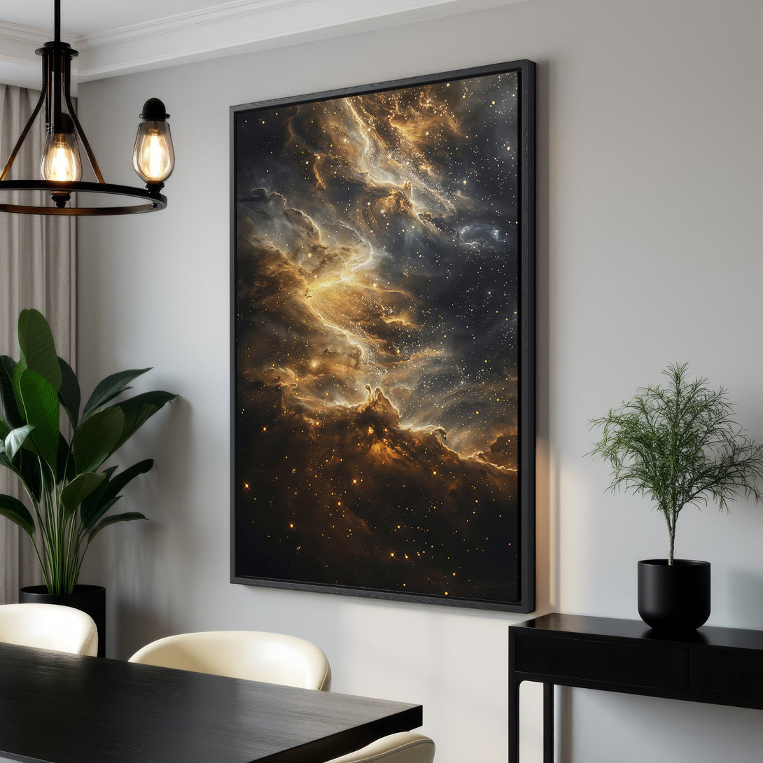 Framed Wall Art: Stunning galaxy canvas print in warm gold, black, and grey tones. Modern art for your home decor. Shop now!
