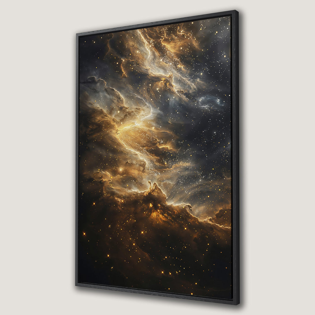 Framed Wall Art of a nebula in warm gold and dark tones. Stunning cosmic artwork for your home. Canvas Print ready to hang.