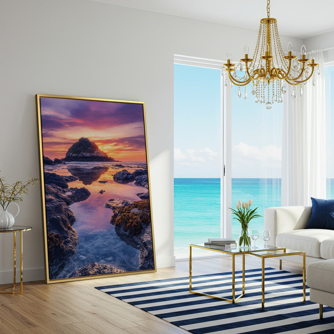 Canvas Print of a vibrant sunset over a coastal landscape, featuring a colorful purple, orange, and blue palette. Perfect wall art for any room.
