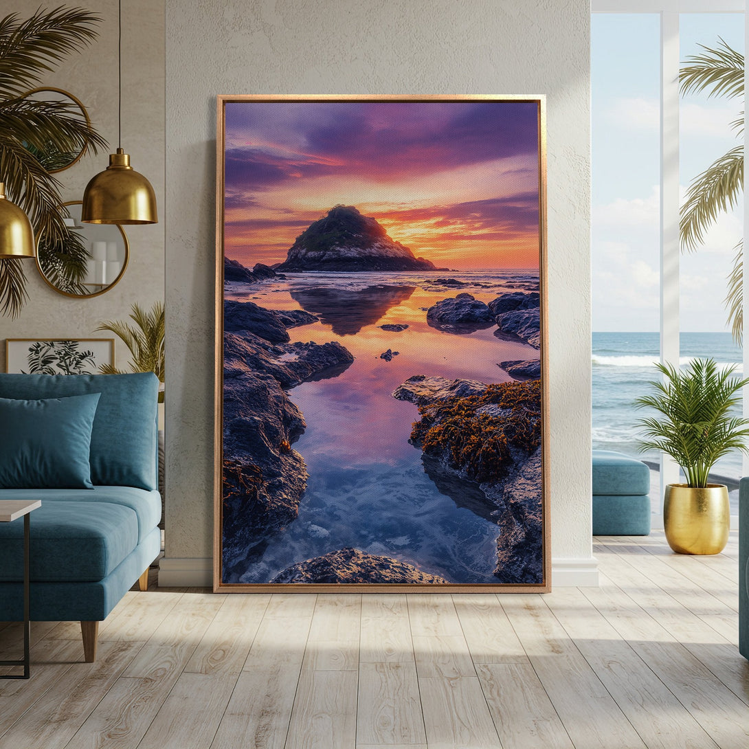 Framed Wall Art: Coastal sunset canvas print with vibrant orange, purple, and blue hues. Perfect for creating a serene and stylish living room. Shop now!