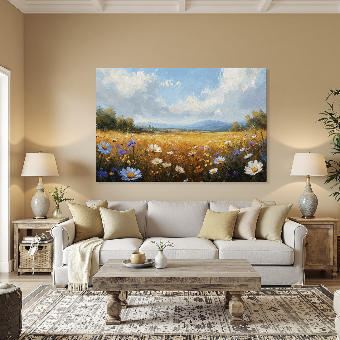 Framed Wall Art: Impressionist field of wildflowers Canvas Print in a warm, inviting interior. Blue, yellow, and white color palette.