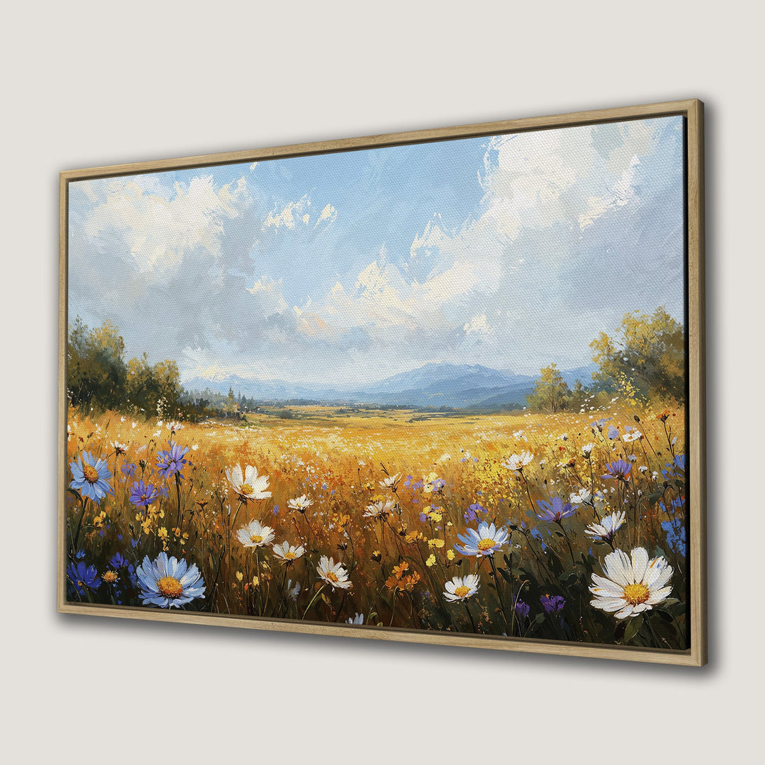 Framed Wall Art of a vibrant field of wildflowers. Impressionistic style with a warm, golden and blue color palette. Perfect for adding a touch of nature.