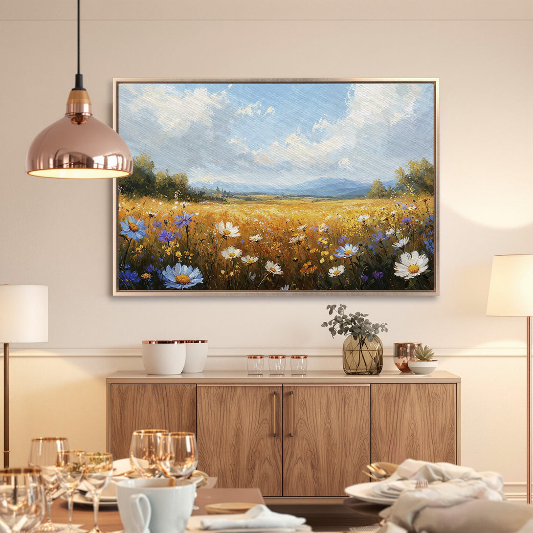 Framed Wall Art: Impressionist landscape Canvas Print with wildflowers in a warm, inviting color palette. Perfect for adding a touch of nature to any space.
