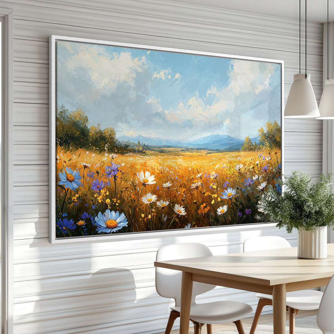 Framed Wall Art: Impressionist landscape Canvas Print with wildflowers in a field, featuring a vibrant palette of blues, yellows, and greens. Perfect for home decor.