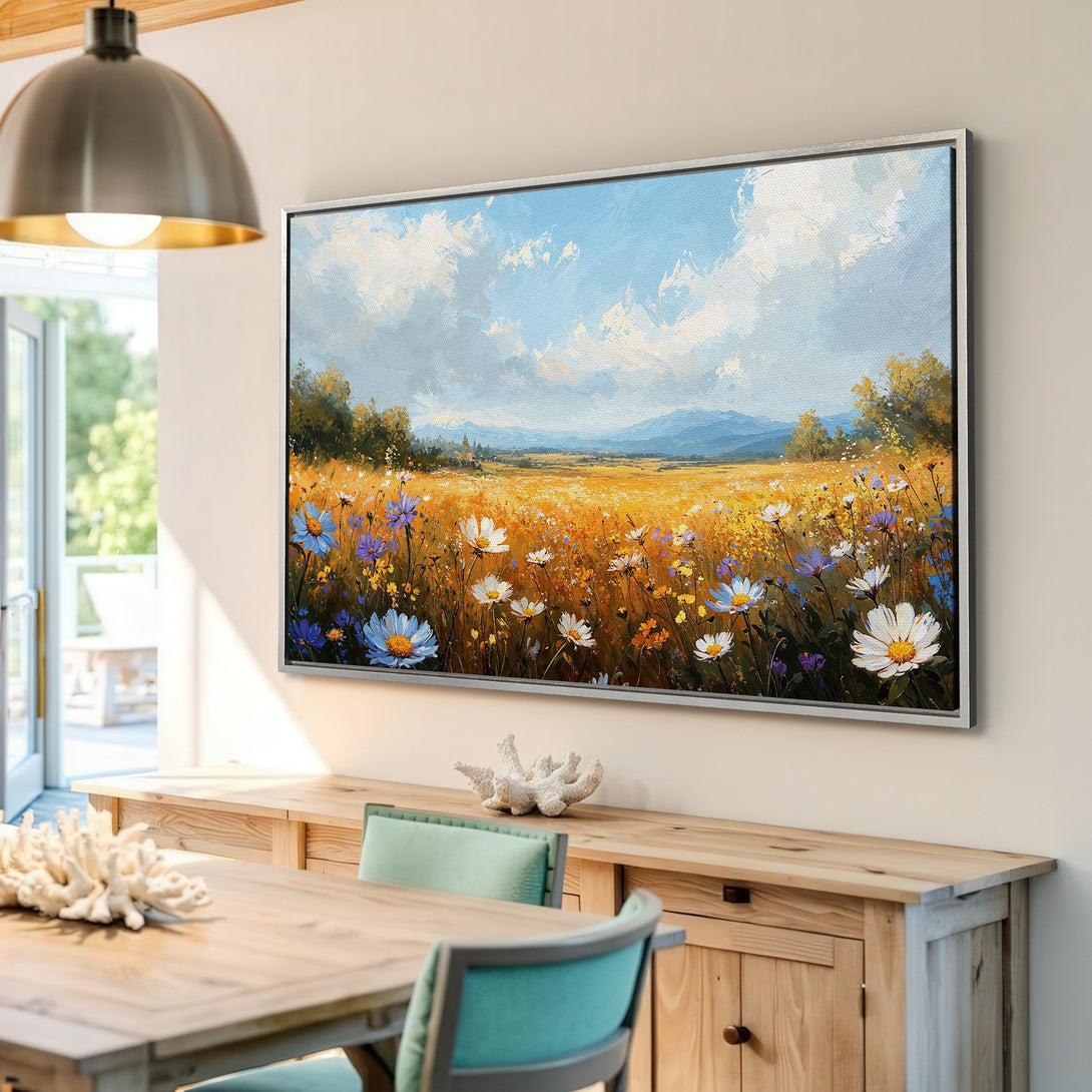 Framed Wall Art of a vibrant wildflower field painting. Impressionistic style with a warm, golden and blue color palette. Perfect for home decor.