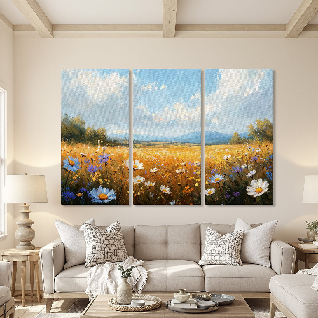 Canvas Print of a vibrant wildflower field. Impressionistic style with blue, yellow, and white color palette. Perfect for adding a touch of nature to your home.