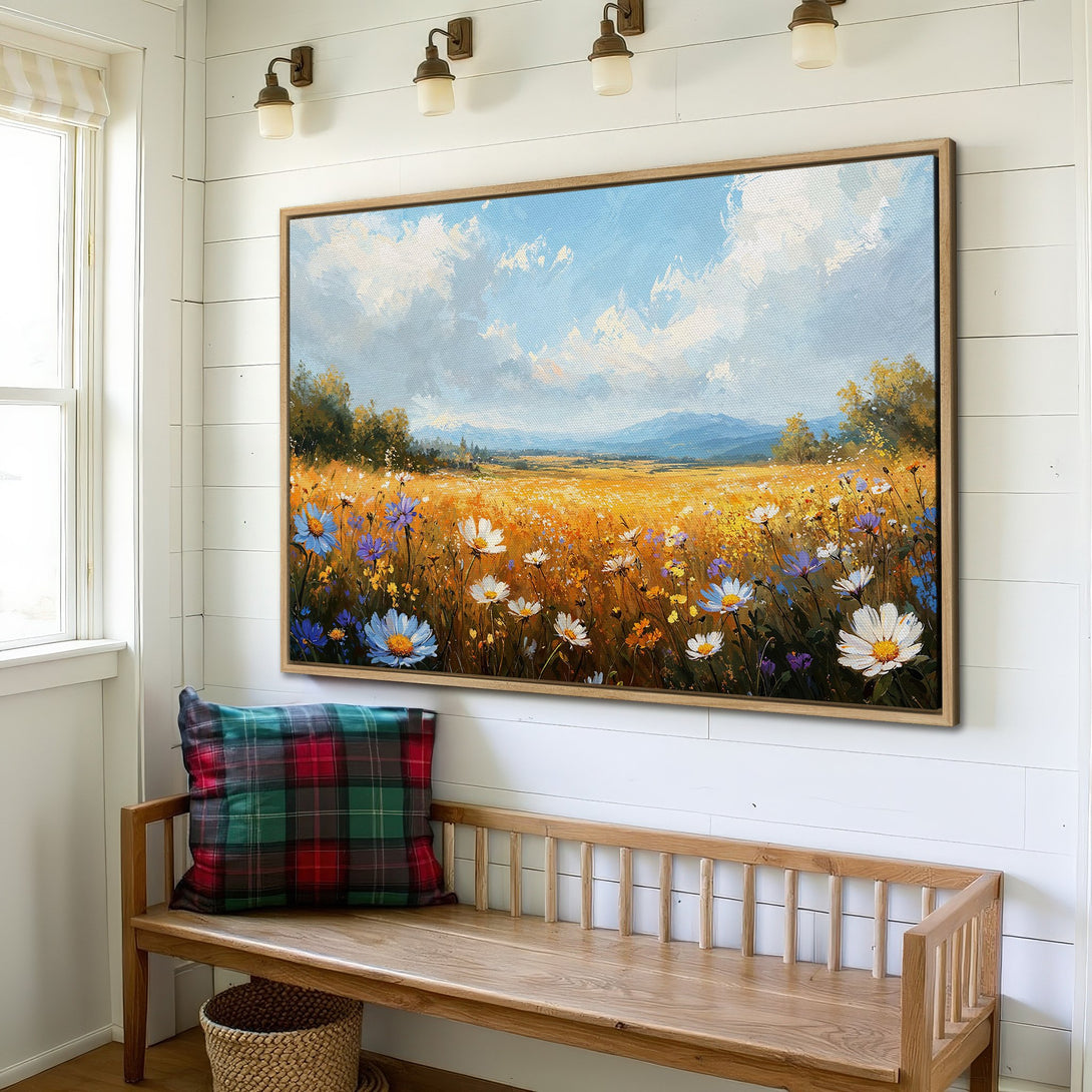Framed Wall Art: Field of wildflowers in a rustic style, with a warm yellow, blue, and green color palette. Perfect for home decor.