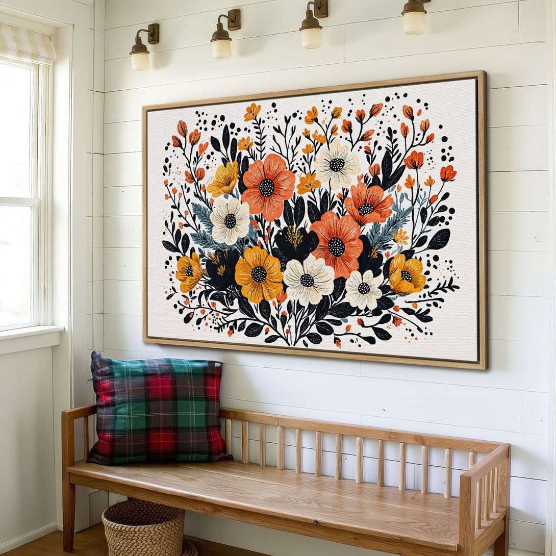 Framed Wall Art: Floral Canvas Print with orange, yellow, and black flowers in a farmhouse style. Perfect for adding a pop of color!