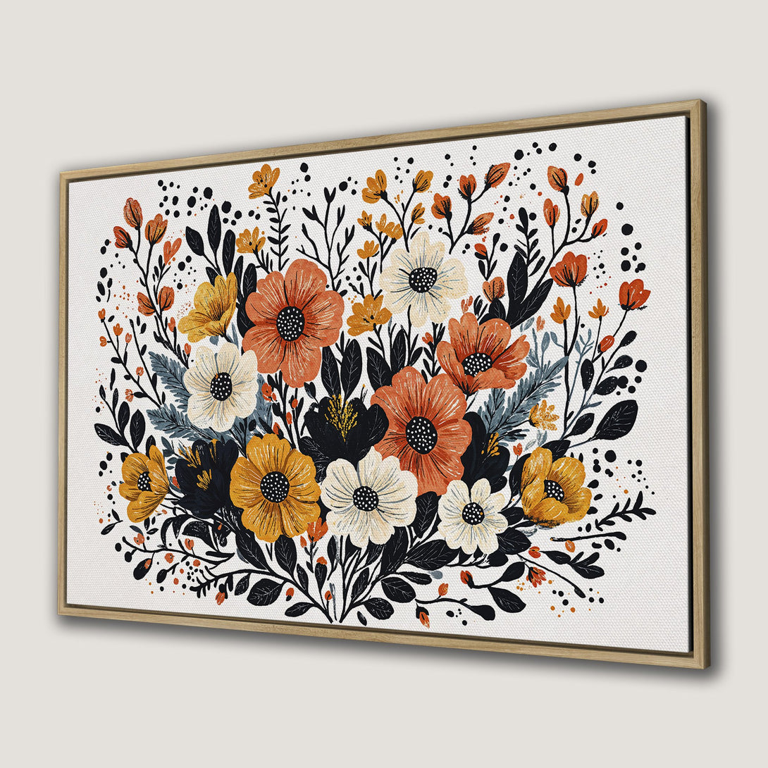 Canvas Print featuring a floral design in warm orange, yellow, and black. Modern botanical art with a stylish, inviting aesthetic.