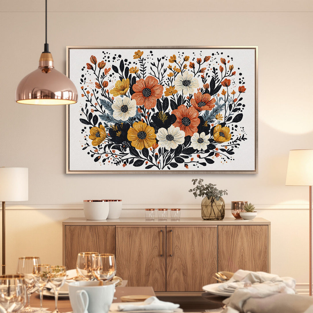 Framed Wall Art featuring a floral design with warm orange, yellow, and black colors, perfect for adding a touch of nature to your home decor.