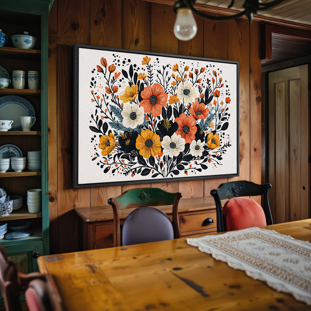Framed Wall Art: Floral Canvas Print in warm tones. Rustic style with orange, yellow, and white flowers. Perfect for adding a touch of nature to your home decor.
