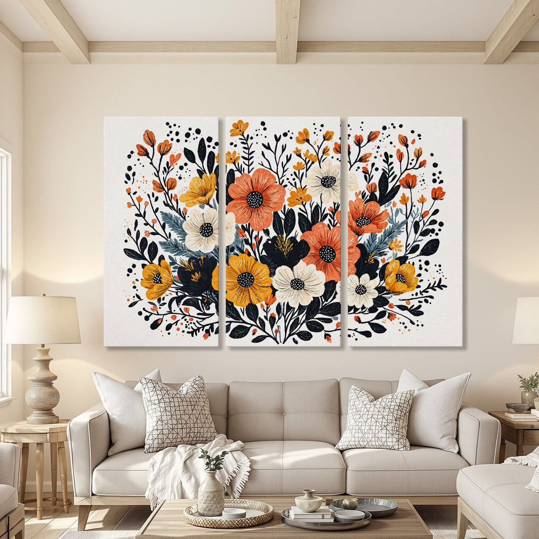 Canvas Print of floral artwork in a modern style with orange, yellow, and black hues. Perfect wall art for living room decor.