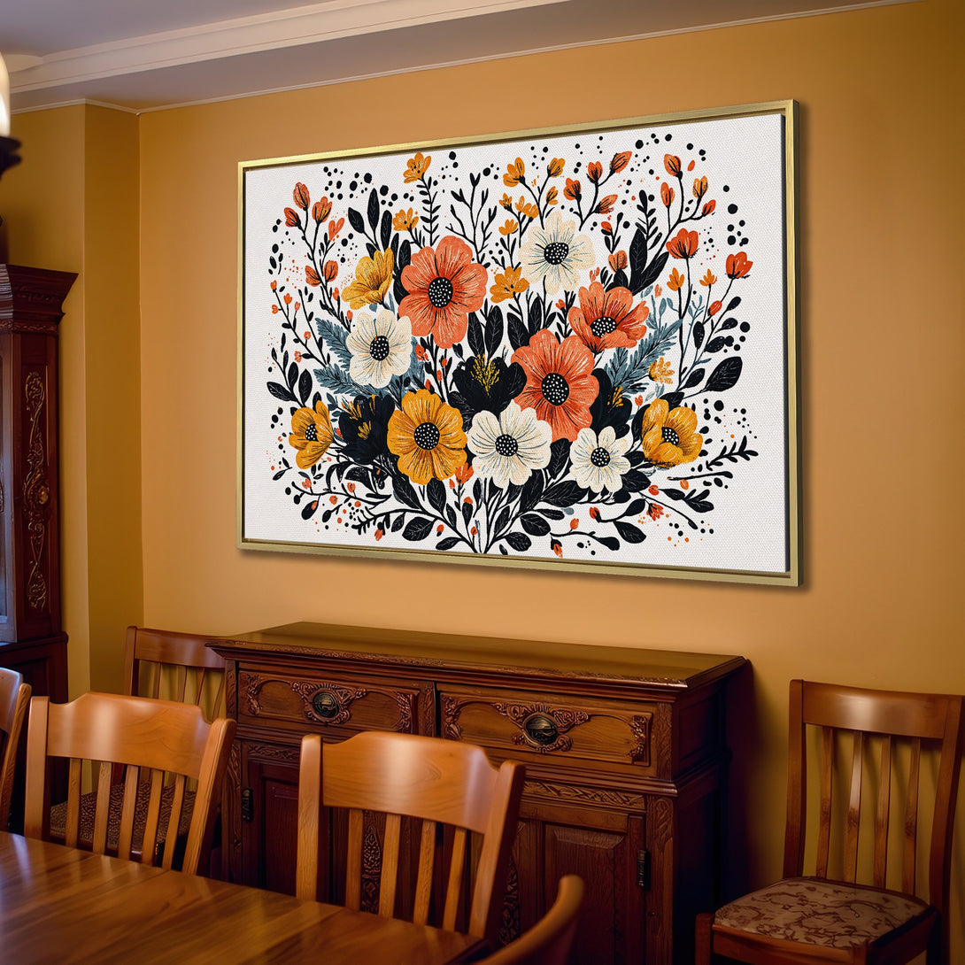 Canvas Print of floral artwork in warm orange and yellow tones, perfect for adding a touch of nature to your living room.