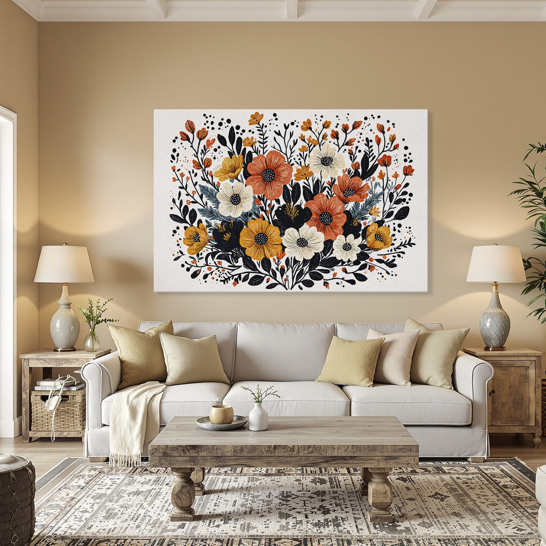 Framed Wall Art: Floral canvas print in warm tones (orange, yellow, black) displayed in a dining room. Modern botanical art for home decor.