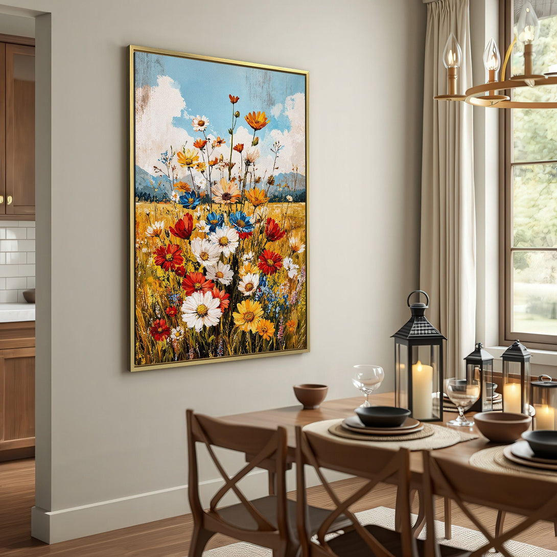 Canvas Print of vibrant wildflowers in a field. Rustic style with a warm, colorful palette. Perfect for adding a touch of nature to your home.