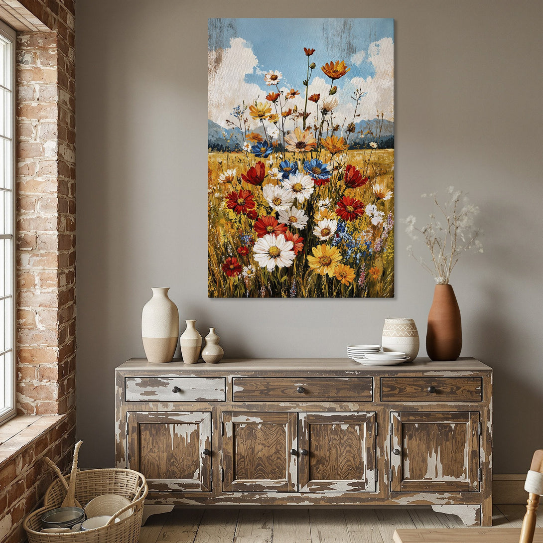 Framed Wall Art: Vibrant floral painting with a warm, colorful palette. Perfect for adding a touch of nature and art to your dining room.