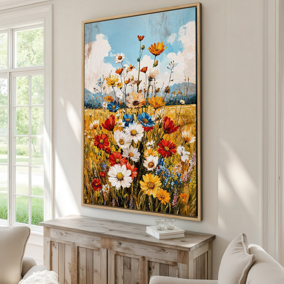 Framed Wall Art: Vibrant floral painting with a warm, colorful palette of yellows, reds, and blues. Adds a touch of nature and artistry to any space.