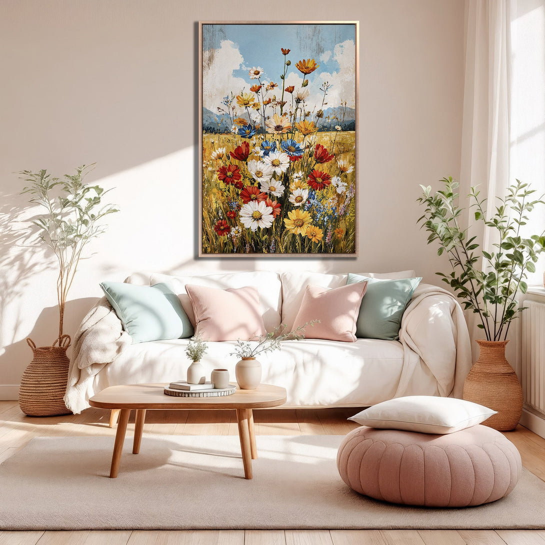 Framed Wall Art of vibrant wildflowers in a field, displayed in a cozy living room. Warm, inviting color palette with pops of red, yellow, and blue.