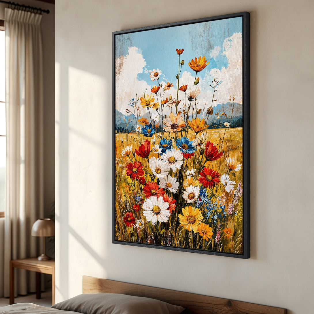 Framed Wall Art of vibrant wildflowers in a field. Impressionistic style with a warm, colorful palette of yellows, reds, blues, and whites. Perfect for any room!