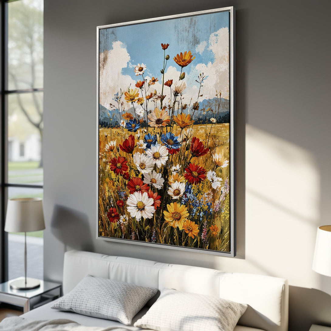 Framed Wall Art: Vibrant floral canvas print in a warm color palette. Features a field of colorful wildflowers, perfect for adding a touch of nature to your home.