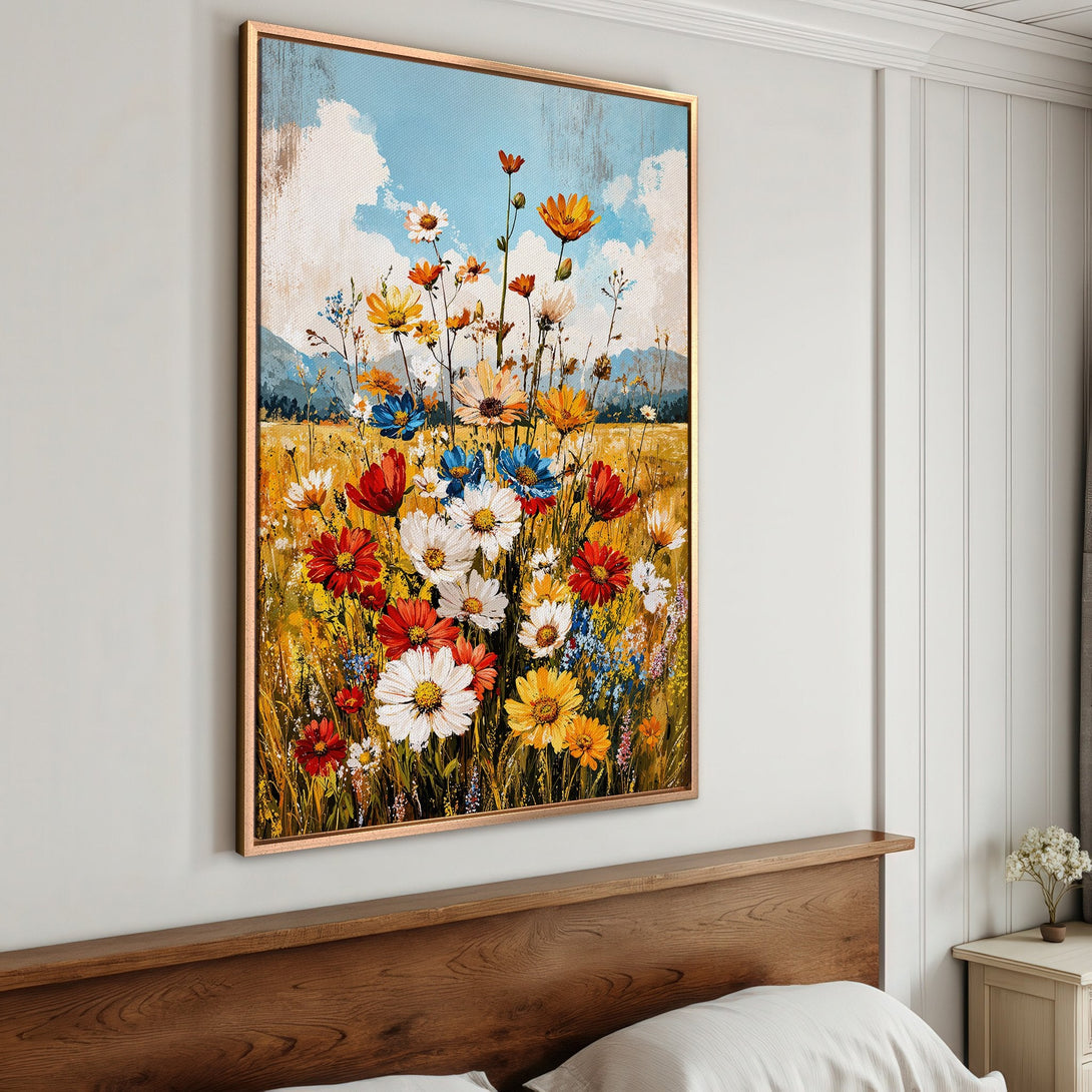 Framed Wall Art: Vibrant wildflower painting with a warm color palette. Perfect for adding a touch of nature and color to your bedroom decor.