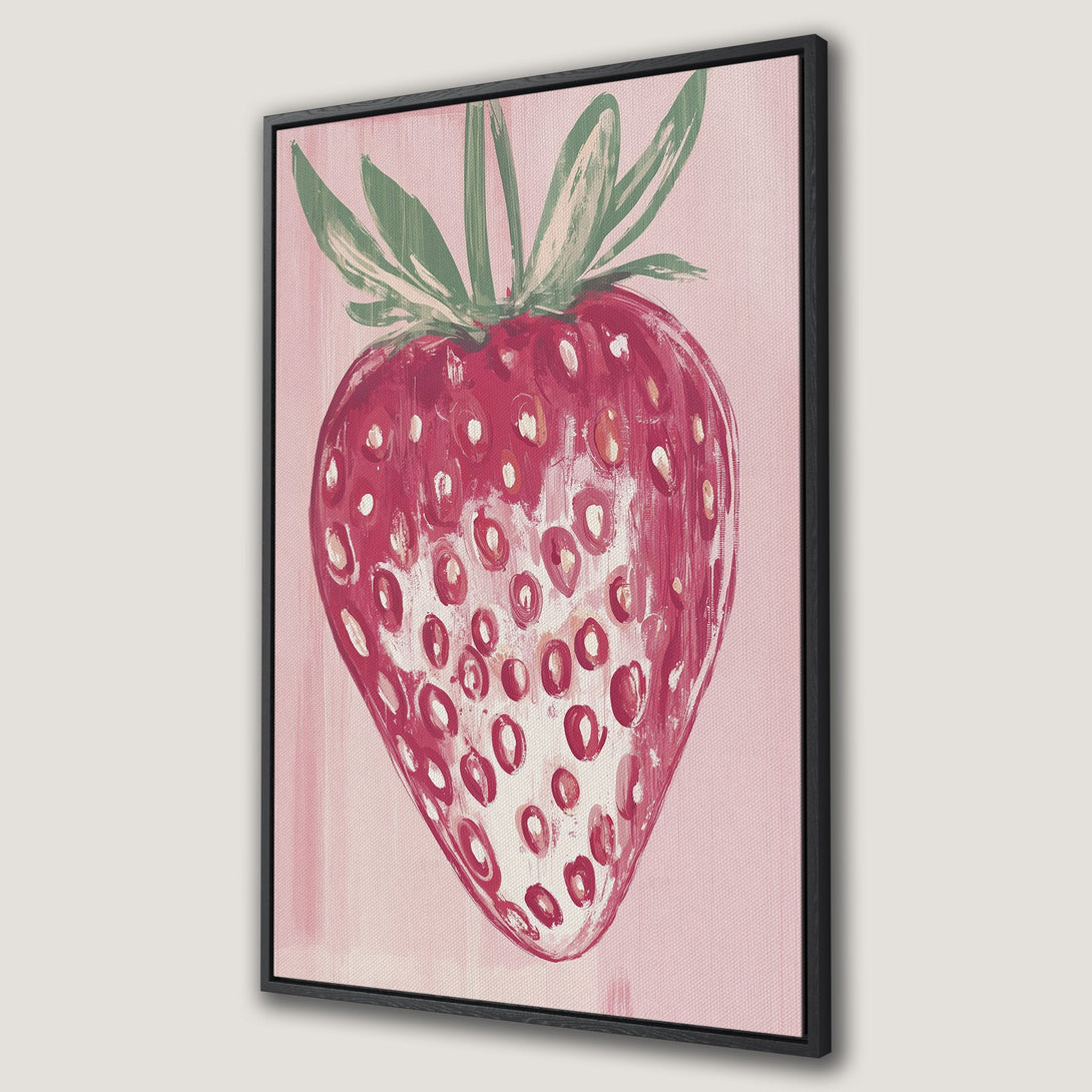 Framed Wall Art: Abstract strawberry painting in pink and red hues. Modern canvas print for kitchen or dining room decor.
