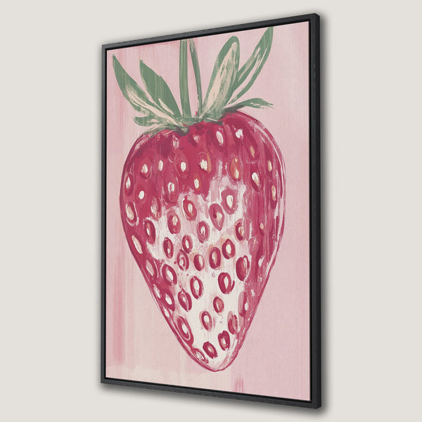 Framed Wall Art: Abstract strawberry painting in pink and red hues. Modern canvas print for kitchen or dining room decor.
