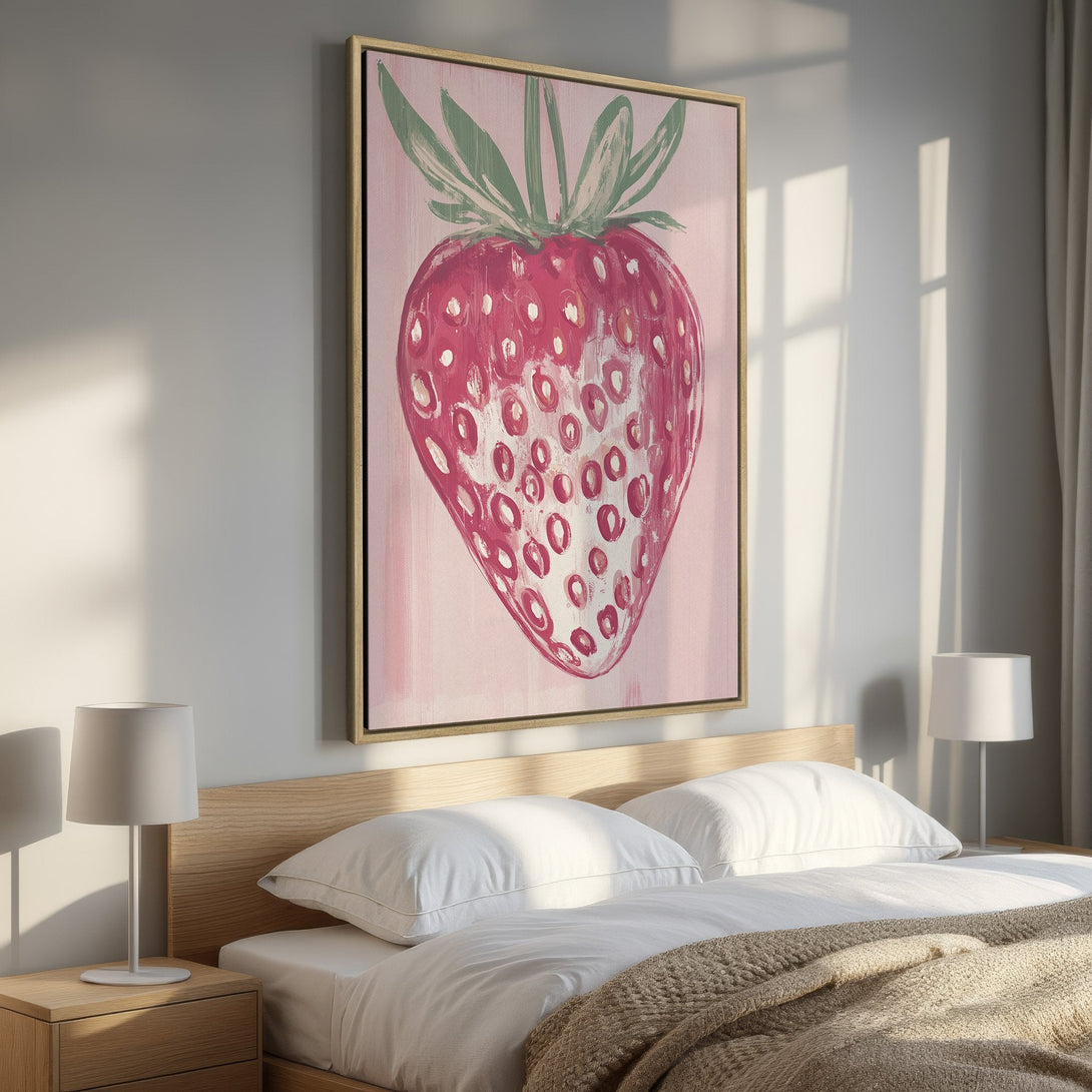Framed Wall Art: Bold strawberry painting in pink and red hues. Adds a pop of color to any room. Perfect for kitchen or bedroom decor.