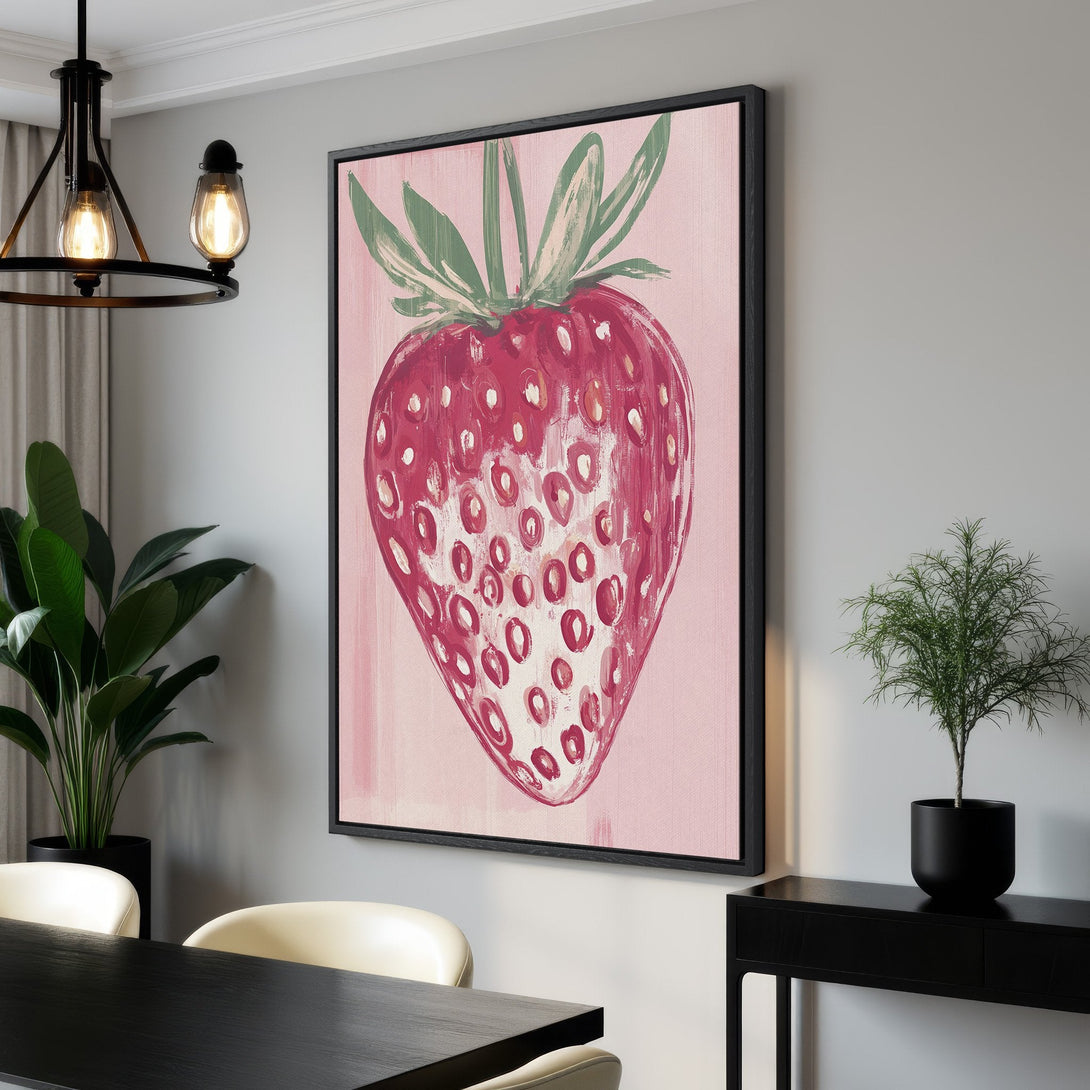 Framed Wall Art featuring a vibrant strawberry painting in a pink and red color palette. Modern, stylish canvas print perfect for kitchen or dining room decor.