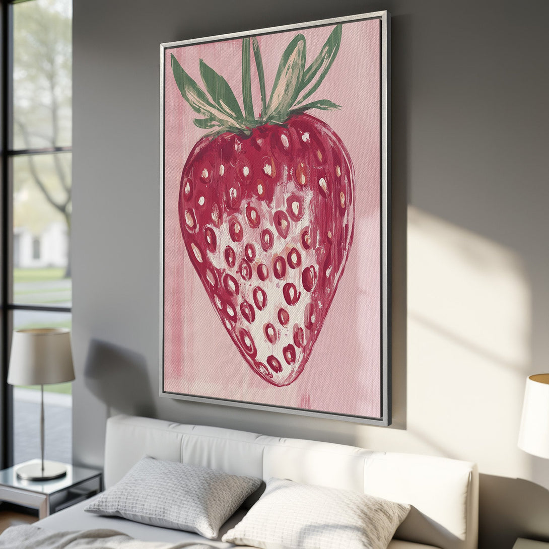 Framed Wall Art: Bold strawberry painting in pink and red hues. Modern art canvas print adds a pop of color to any space!