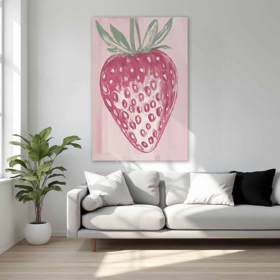 Framed Wall Art: Bold strawberry painting in pink and red hues, adding a touch of whimsy to any space. Perfect for kitchen or bedroom decor.